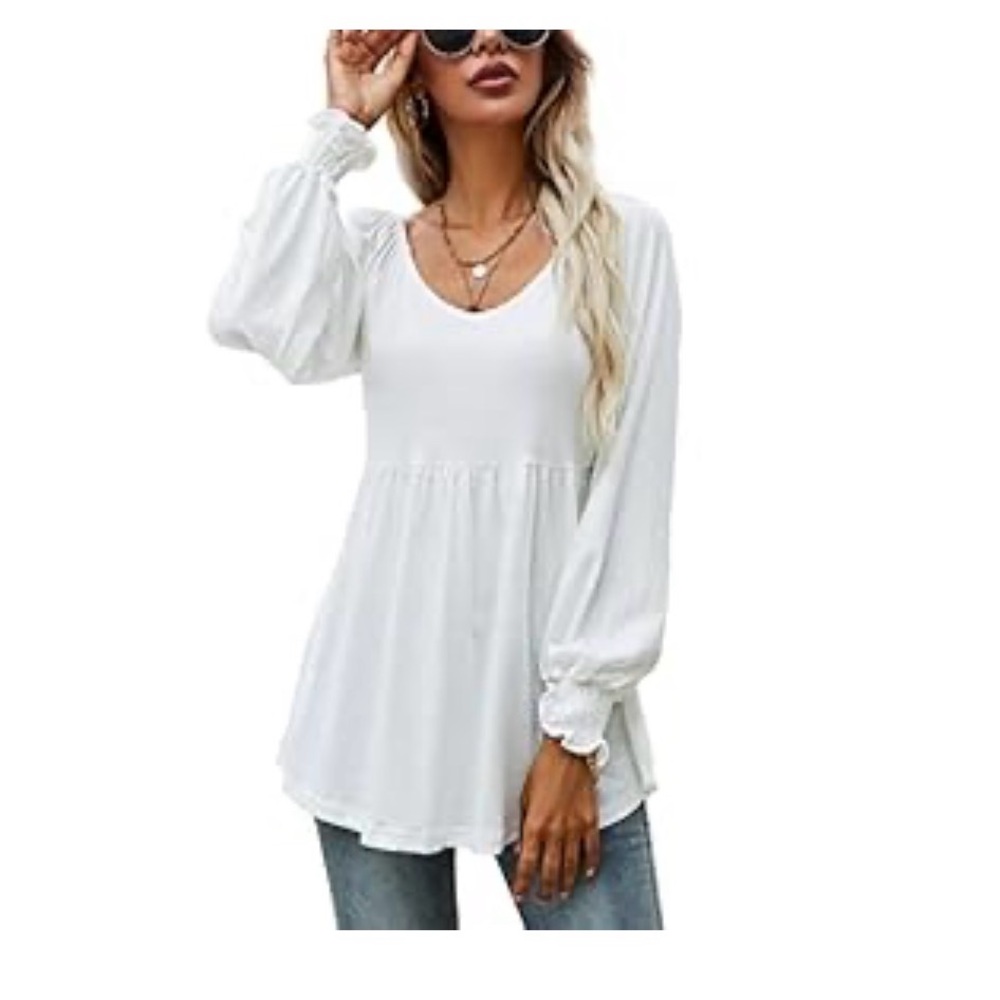 Women’s White Long Sleeve Peasant Blouse - Classic V-Neck